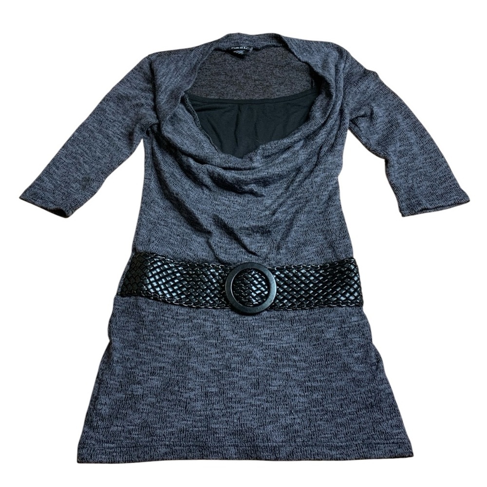 Rue21 Y2K Gray Knit Cowl Neck Sweater Dress with Woven Belt - Small